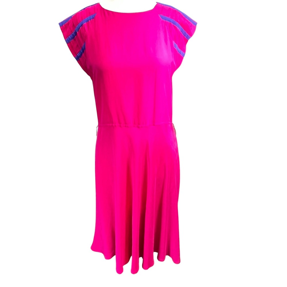 Silk Studio Petites 100% Silk‎ Pink Blue Pleated Sleeve Midi Dress Size 6P